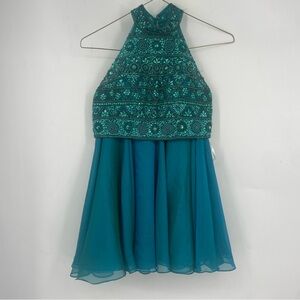 Sherri Hill Teal Beaded Halter Prom Dress